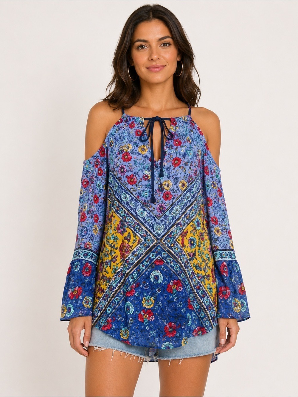 Nanette Lepore Swim Woodstock Cold Shoulder Tunic Cover Up Blue Floral Medium